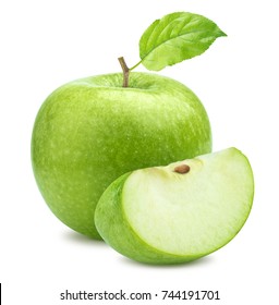 One green apple and quarter piece isolated on white background with clipping path