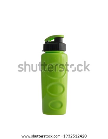 one green bottle for fitness, stand vertical on white background, isolated