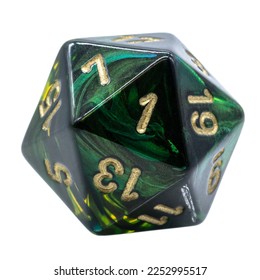 one green marbled w20 or 20 sided dice, isolated
