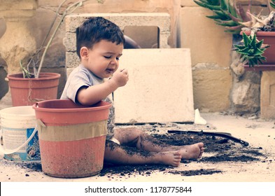 One And A Half Year Old Baby Boy Playing With Dirt