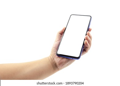 One hand is holding a black-rimmed smart blank phone - Shutterstock ID 1893790204