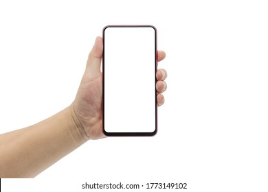 One hand holding blank smartphone isolated on white background - Shutterstock ID 1773149102