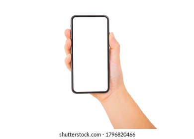 Eine Hand, die ein neues Smartphone auf weißem Hintergrund hält. Smartphone isolieren.