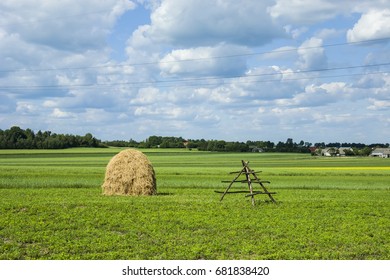 One haystack on a green meadow