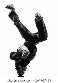 one hip hop acrobatic break dancer breakdancing young man handstand silhouette white background