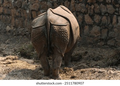 One horned rhino grazing in a park