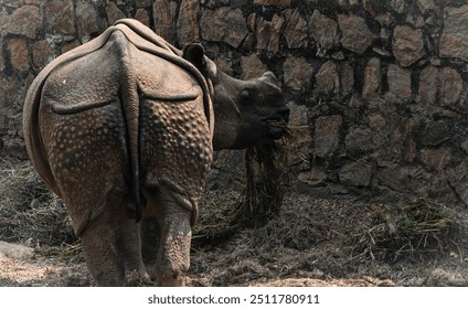 One horned rhino grazing in a park