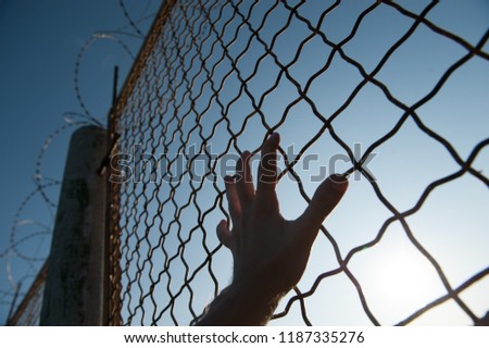 one human refugee prisoner hand on cage fence with barbed wire on blue sky backdrop