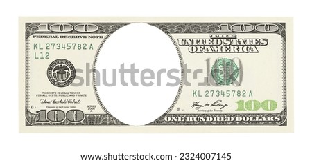 One hundred American dollar with no face, isolated on white. Empty middle area. U.S. 100 dollar with hole instead of face.