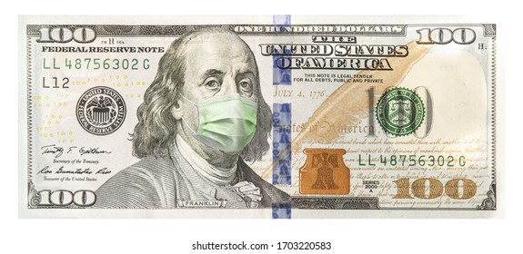 One Hundred Dollar Bill With A Face Mask Due To The Covid-19