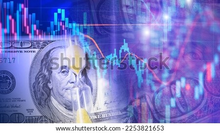 One hundred dollar bill with hourglass on the background of Candlestick charts as a concept of Stock trading
