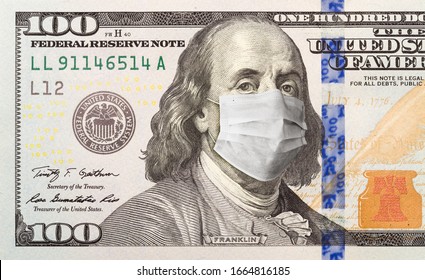 One Hundred Dollar Bill With Medical Face Mask On Benjamin Franklin.