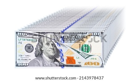 One hundred dollar bill and vanishing stack of dollars isolated on white background