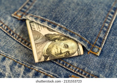 One Hundred Dollars In Jeans Pocket Close Up. 