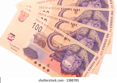 One hundred rand banknotes, second largest bill from South Africa.