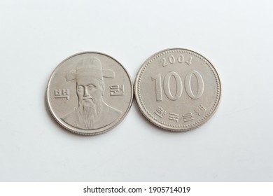 One hundred south korean won coin isolated on white background, 2004 year, 100 wons korea collectible coin,  empire, collectors, numismatic, metal money,  tokens collection of currency