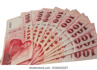 One hundred Taiwan money isolated on white background. Taiwan dollar money. Cash,  currency,  Money,  Taiwan coin, Taiwan money. - Powered by Shutterstock