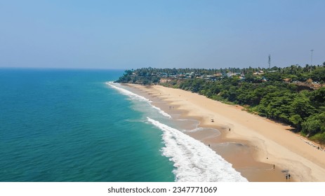 One of India finest beaches Varkala beach, Kerala, India aerial view.