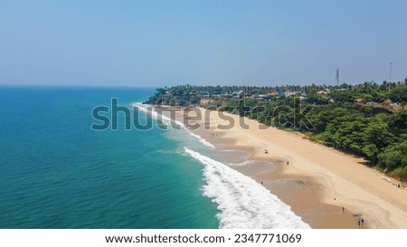 One of India finest beaches Varkala beach, Kerala, India aerial view.