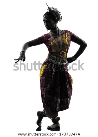 one indian woman dancer dancing in silhouette studio isolated on white background
