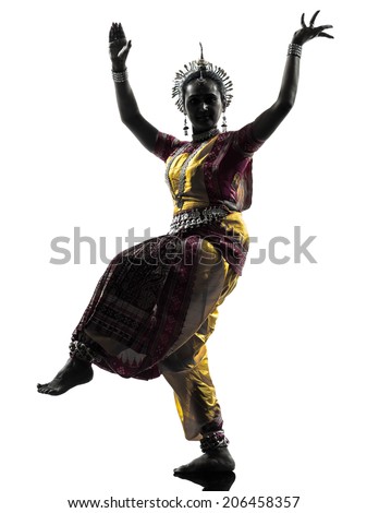 one indian woman dancer dancing in silhouette studio isolated on white background