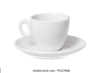 One Isolated Cup And Saucer On White Background.