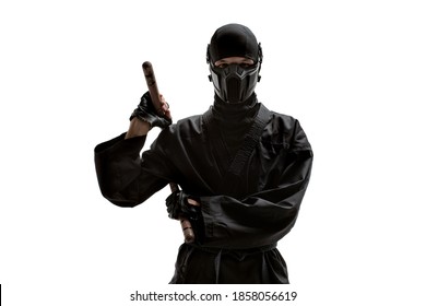 one japanese ninja in black uniform with nunchuks cold weapon, on white background, isolated