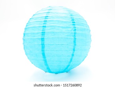 One Japanese Style Handmade Round Blue Paper Lantern Closeup Isolated On White Background