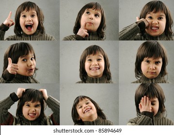 One Kid - Many Faces, Series Of Clever Schoolboy 6-7 Years Old With Facial Expressions