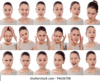 One Kid - Many Faces. Young Beautiful Schoolgirl With Facial Expressions