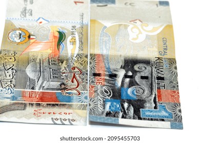  One Kuwaiti Dinar Bill Banknote 1 KWD With Illustration Of Many Influences Of Ancient Greek Civilization In Kuwait Failaka Island And The Grand Mosque And A Bateel Dhow Ship Isolated On White