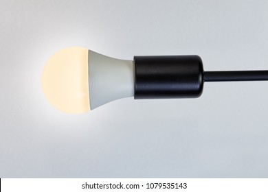 One LED Light Bulb With Warm Color Temperature Of 2700 Kelvin, Lampholder With Electric Lamp Against The Whitewashed Ceiling.