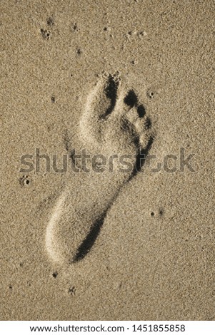 One left shoe step on beach sand with sunlight and shadow.Photo of human footprint  on the tropical beach