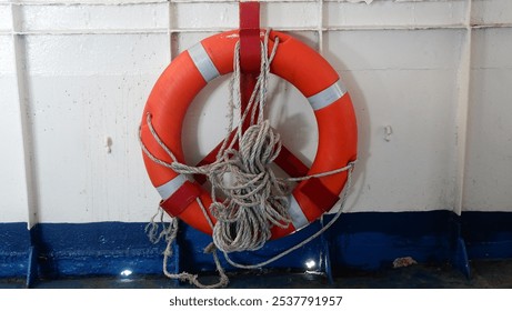 One Life Ring Lifebuoy Safety Device hanging on the ship wall - Powered by Shutterstock