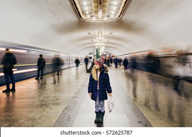 One Life As One Trip On The Subway. All Passengers - The People In Your Life.Who Will Ride With You To The Last Stop?Motion Blur Subway And People Waiting At Subway Station.Girl Is Standing On Station