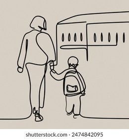 one line drawing, mum with short hair and young child walking away, child with a small school bag, minimalistic style, postcard format, affectionate parting scene, child with short hair, child in simple clothing, simple school building in the background