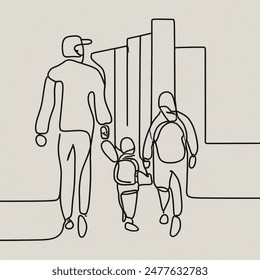 one line drawing, parent and small child holding hands, child with backpack, minimalist style, simple building in the background