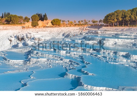 One of the main tourist attractions in Turkey is the travertines and Pamukkale hot springs. Scenic panoramic view on turkish resort