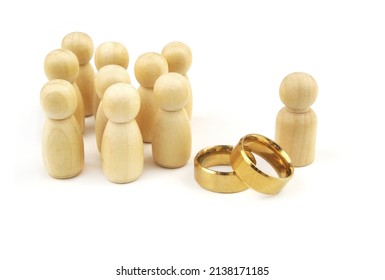 One Male And Many Female People Figures With Wedding Rings Isolated On White Background. Demographic Problems, Polygamy And Choose Bride Concept.