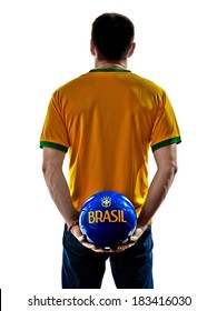 One Man With Brazilian Jersey Holding Soccer Ball Back Isolated In White Background