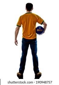 One Man With Brazilian Jersey Holding Soccer Ball Back Isolated In White Background