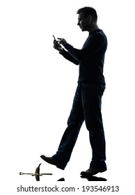 One Man Careless Man Walking On The Telephone In Silhouette Studio On White Background