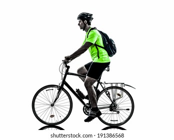 One  Man Exercising Bicycle Mountain Bike On White Background