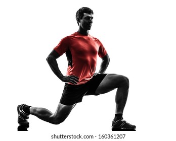 one  man exercising fitness workout lunges crouching  in silhouette  on white background - Powered by Shutterstock