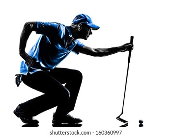 One Man Golfer Golfing Crouching In Silhouette Studio Isolated On White Background