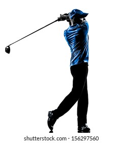 one man golfer golfing golf swing in silhouette studio isolated on white background