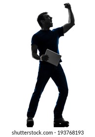 One Man Holding Digital Tablet In Silhouette On White Background