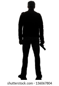 One Man Killer Policeman Holding Gun Silhouette Rear View Studio White Background