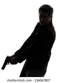 One Man Killer Policeman Holding Gun Silhouette Studio White Background