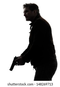 One Man Killer Policeman Holding Gun Silhouette Studio White Background